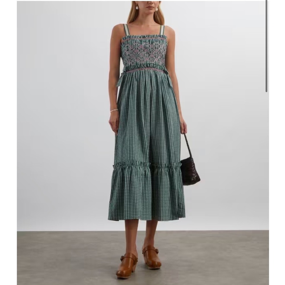 NWT Hunter Bell Larissa Green And White Gingham Smocked Midi Dress Womens XL